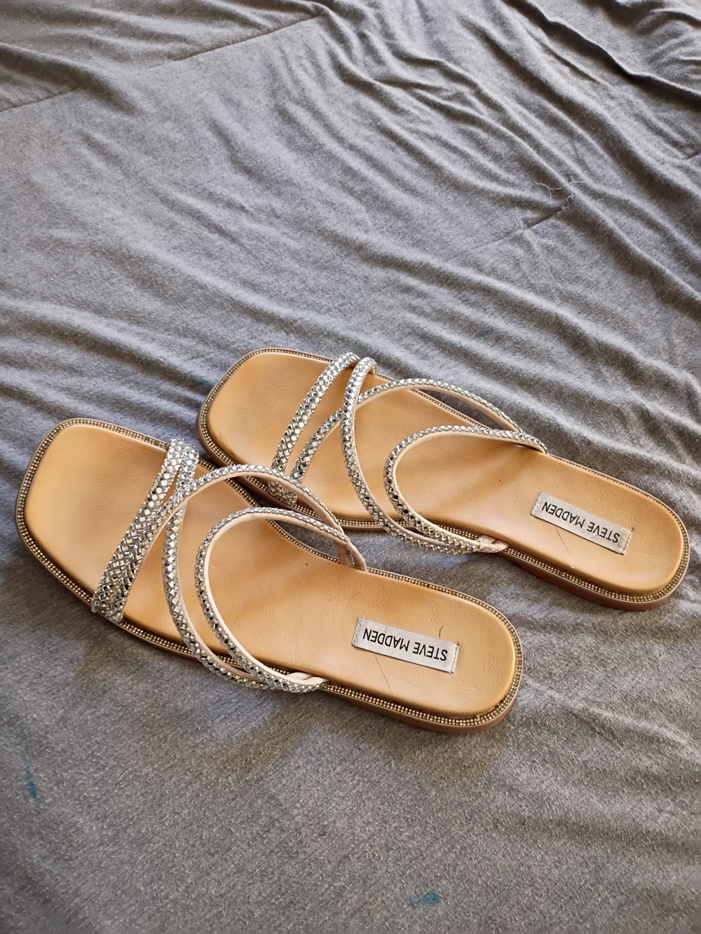 Steve Madden Tan Slide Sandals with Crystal Straps